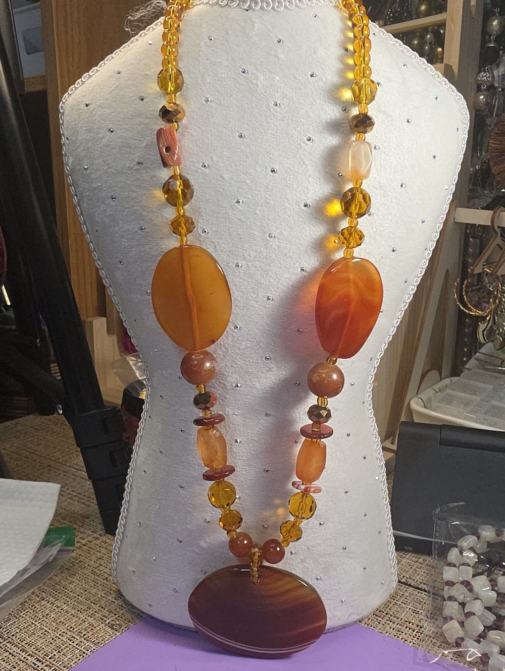 Amber-Tone Statement Beaded Pendant Necklace - Women Jewelry